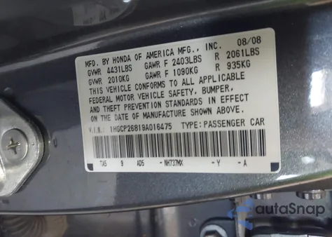 2009 Honda Accord 2.4 Ex-L from USA, damaged, VIN 1HGCP26819A016475